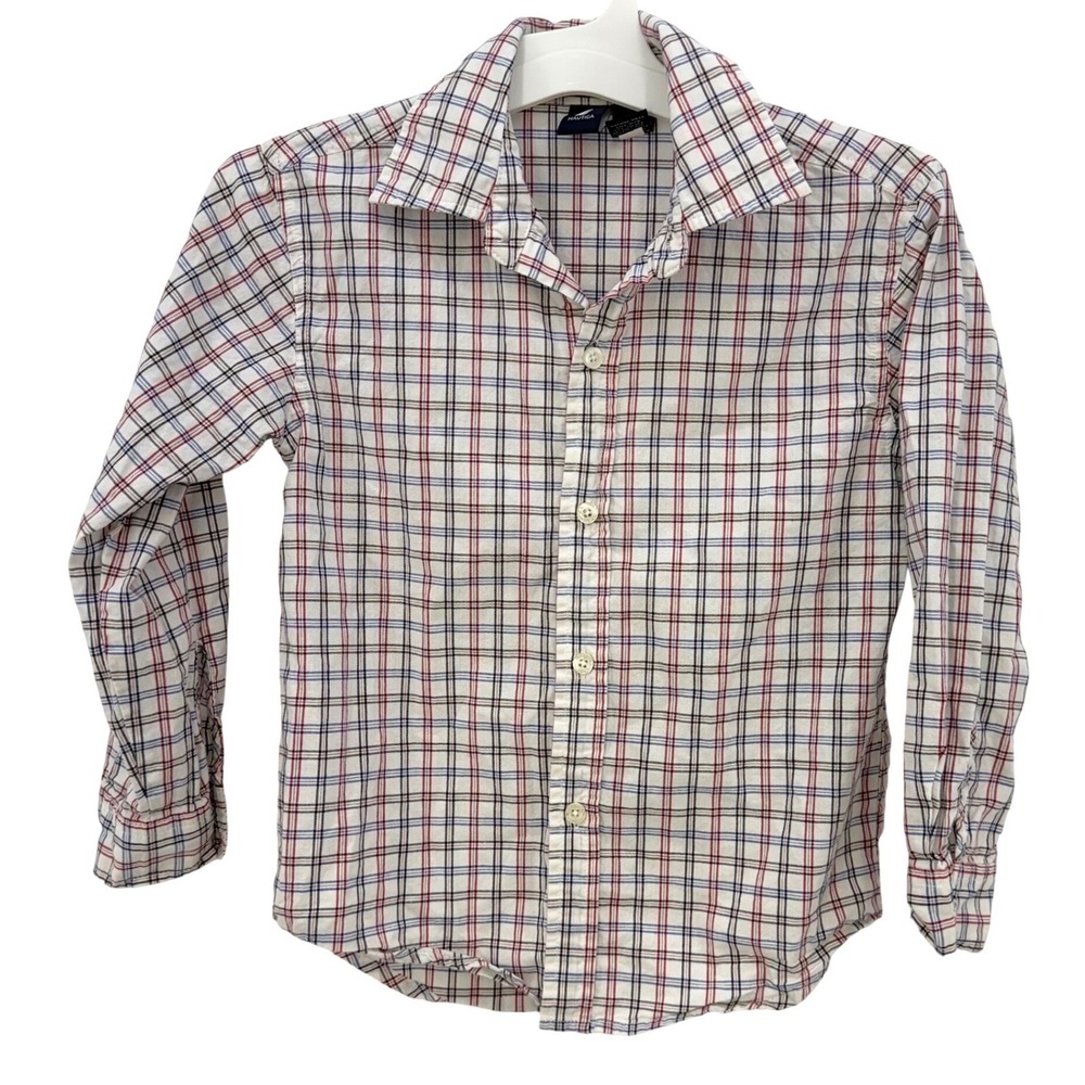 Nautica Boys Large 7 Plaid Button Down Shirt Red Blue White Long Sleeve Cotton